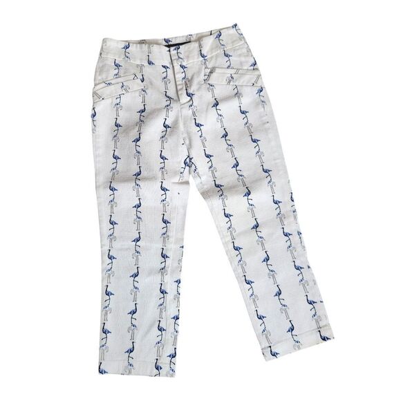 Zara Basic Capri Pants Size XS White Blue Gray Flamingos Twill Cotton Blend - Picture 1 of 8